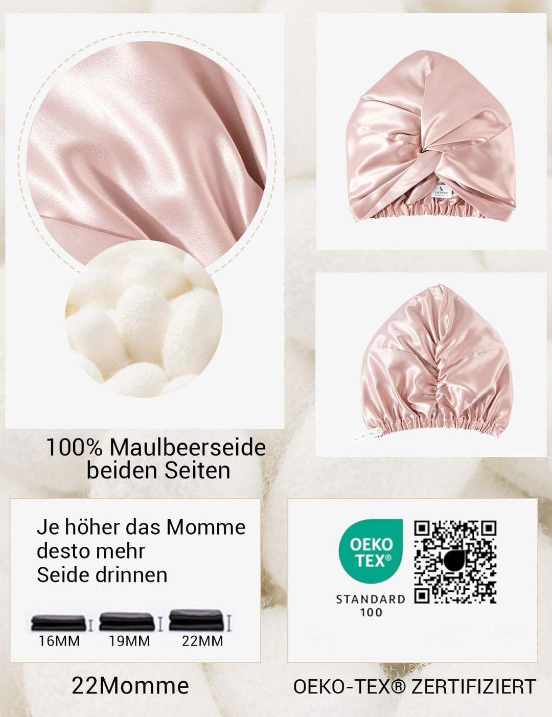 ‌LaCourse Rutschfeste Verstellbare Echte 22 Momme 100% Maulbeerseiden-Seidenhaube zum Schlafen, Dopp