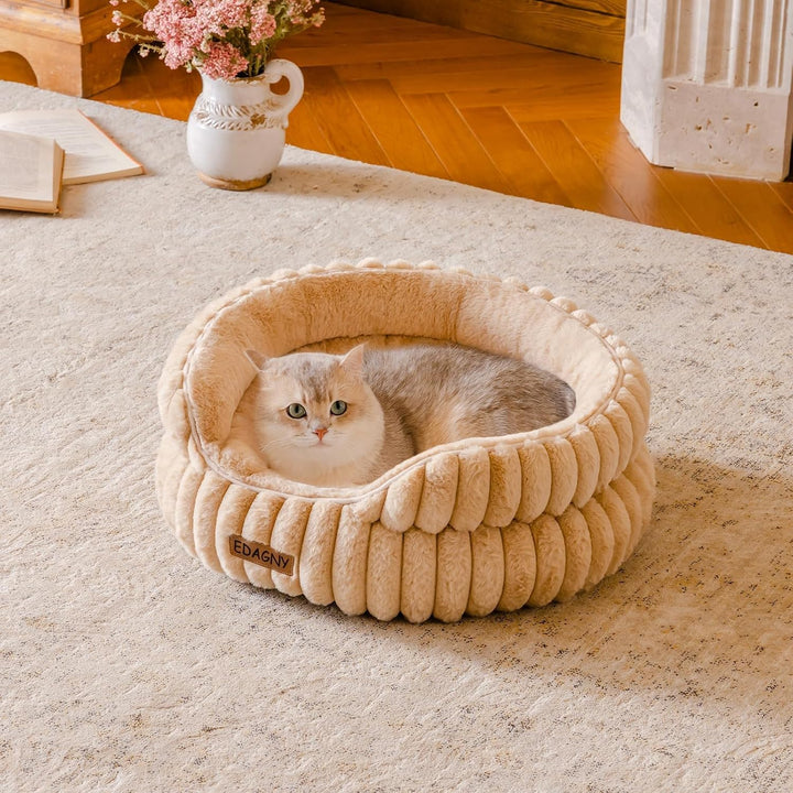 EDAGNY Stilvolle Rundes Katzenbetten Weiches Welpenbett Angstlösend Kamel S