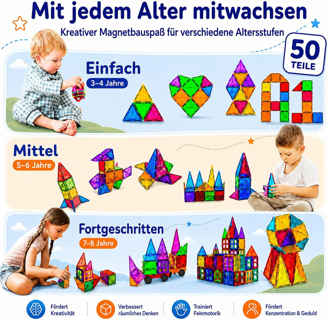 Magnetische Bausteine 50 Stück, Magnetspielzeug Kinder ab 3 4 5 Jahre, Montessori Konstruktionsspiel