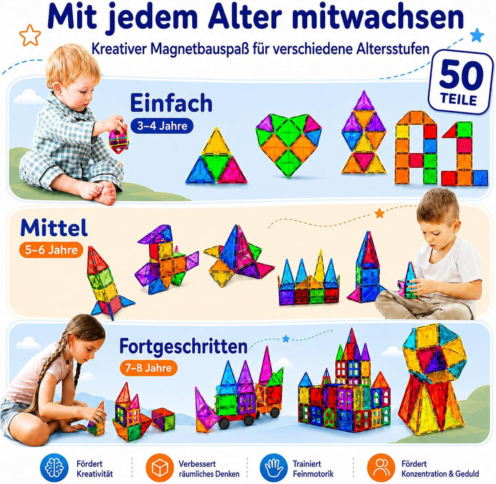 Magnetische Bausteine 50 Stück, Magnetspielzeug Kinder ab 3 4 5 Jahre, Montessori Konstruktionsspiel