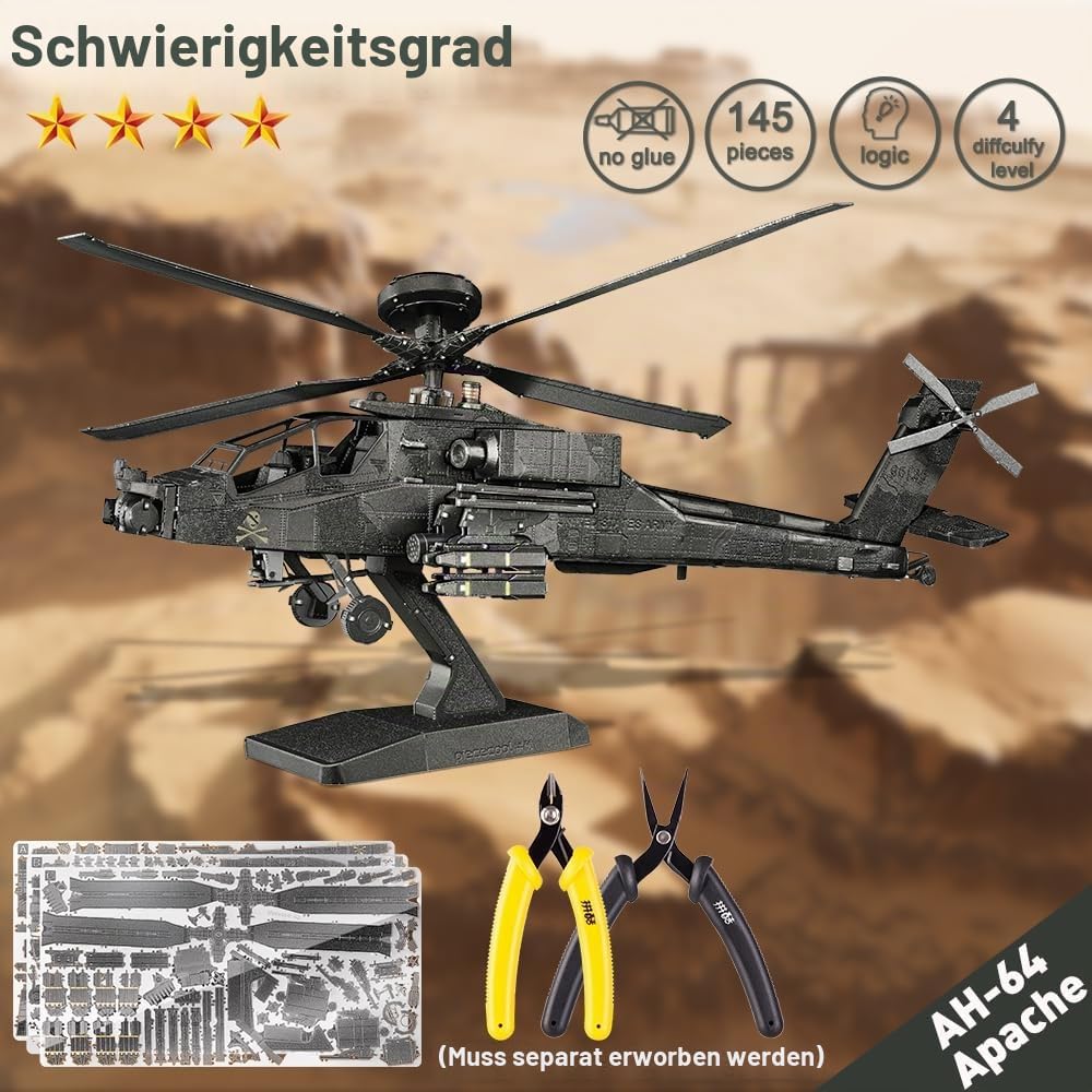 Piececool 3D Puzzle Metall, Ah-64 Apache Hubschrauber für Modellbausatz Erwachsene, 3D-Puzzles zu Ba