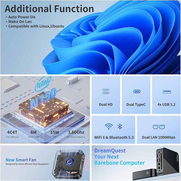 DreamQuest Mini PC Windows 11 Pro Vorgefertigte Barebone ohne DDR4 RAM/PCIe 3.0 SSD mit Intel N150 (