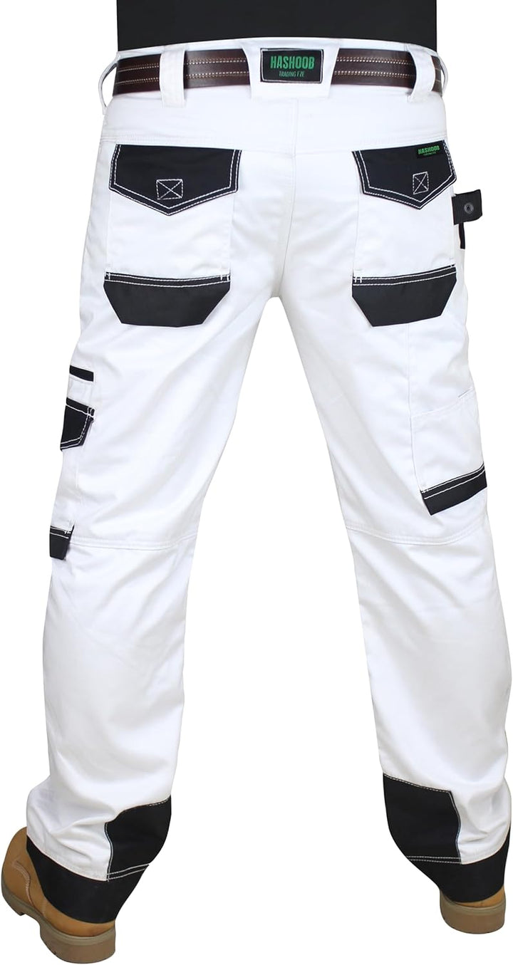 HASHOOB Herren Arbeitshose Maler Dekorateure Weisse Cargohose Pants Weiss-6 38W / 34L, Wei&#xDF;-6 3