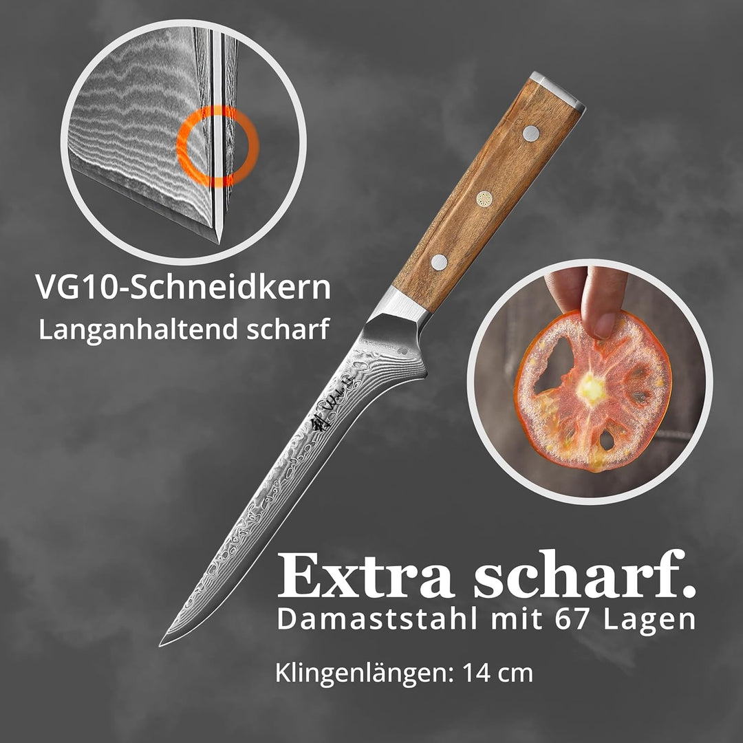 Wakoli Oribu Filetier- und Ausbeinmesser 14 cm extrem scharfe Klinge aus 67 Lagen I Damast Küchenmes