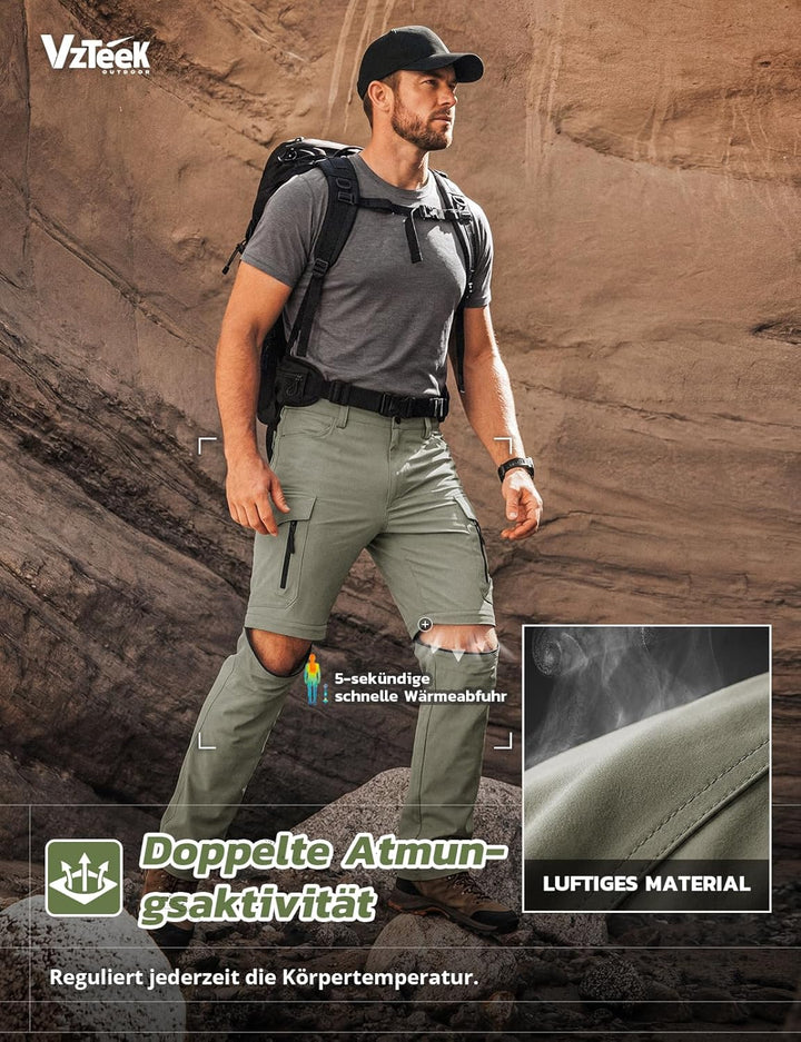 Vzteek Herren Wanderhose Zip Off Trekkinghose Outdoorhose Sommer Softshell Stretch Hose Kurz für Wan