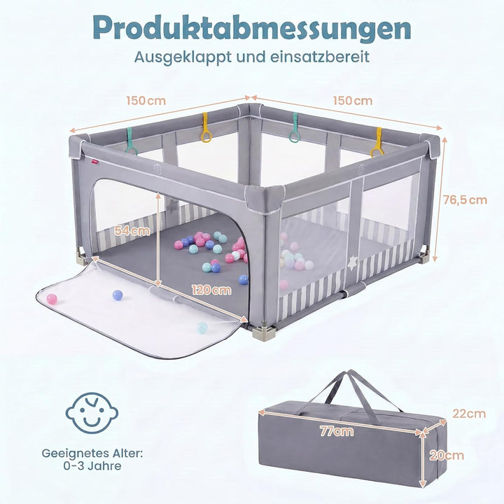 DREAMADE Laufstall Baby Faltbar, 150 x 150 x 76,5 cm Laufgitter mit 50 Ozeanbällen, 4 Haltegriffen &amp;