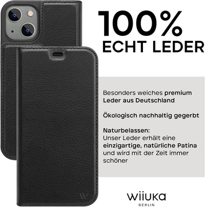 WIIUKA Hülle für iPhone 14, Leder aus Deutschland, mit Kartenfach, extra Dünn, Handyhülle mit Standf