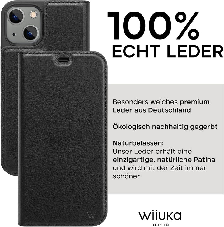 WIIUKA Hülle für iPhone 15 Plus, Leder aus Deutschland, mit Kartenfach, extra Dünn, Handyhülle mit S