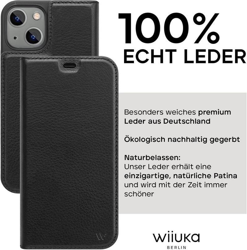 WIIUKA Hülle für iPhone 14, Leder aus Deutschland, mit Kartenfach, extra Dünn, Handyhülle mit Standf