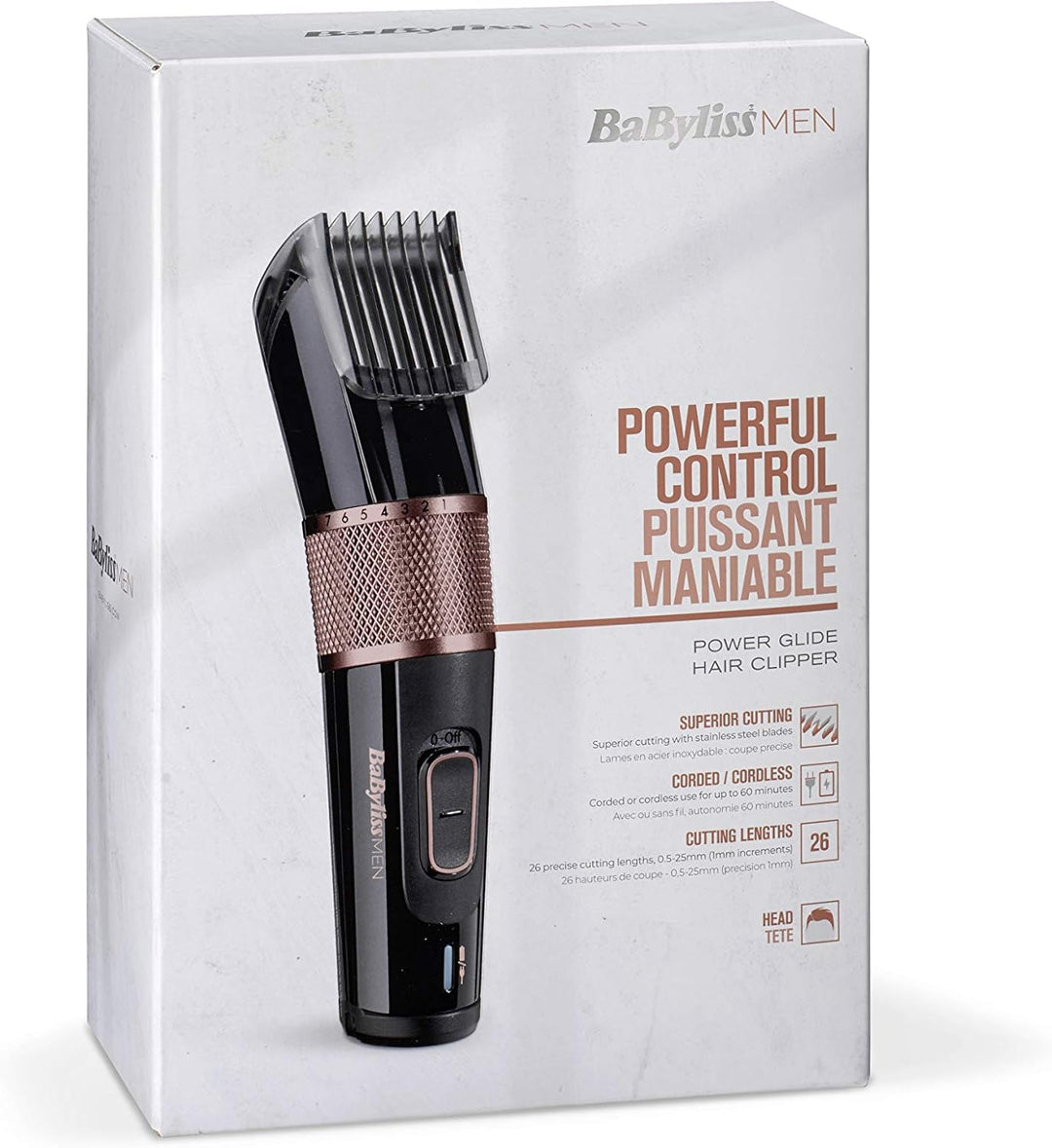 BaBylissMen Power Glide Haarschneider E974E, 26 Schnittlängen (0,5mm - 25mm), 60 Min. Akkulaufzeit S