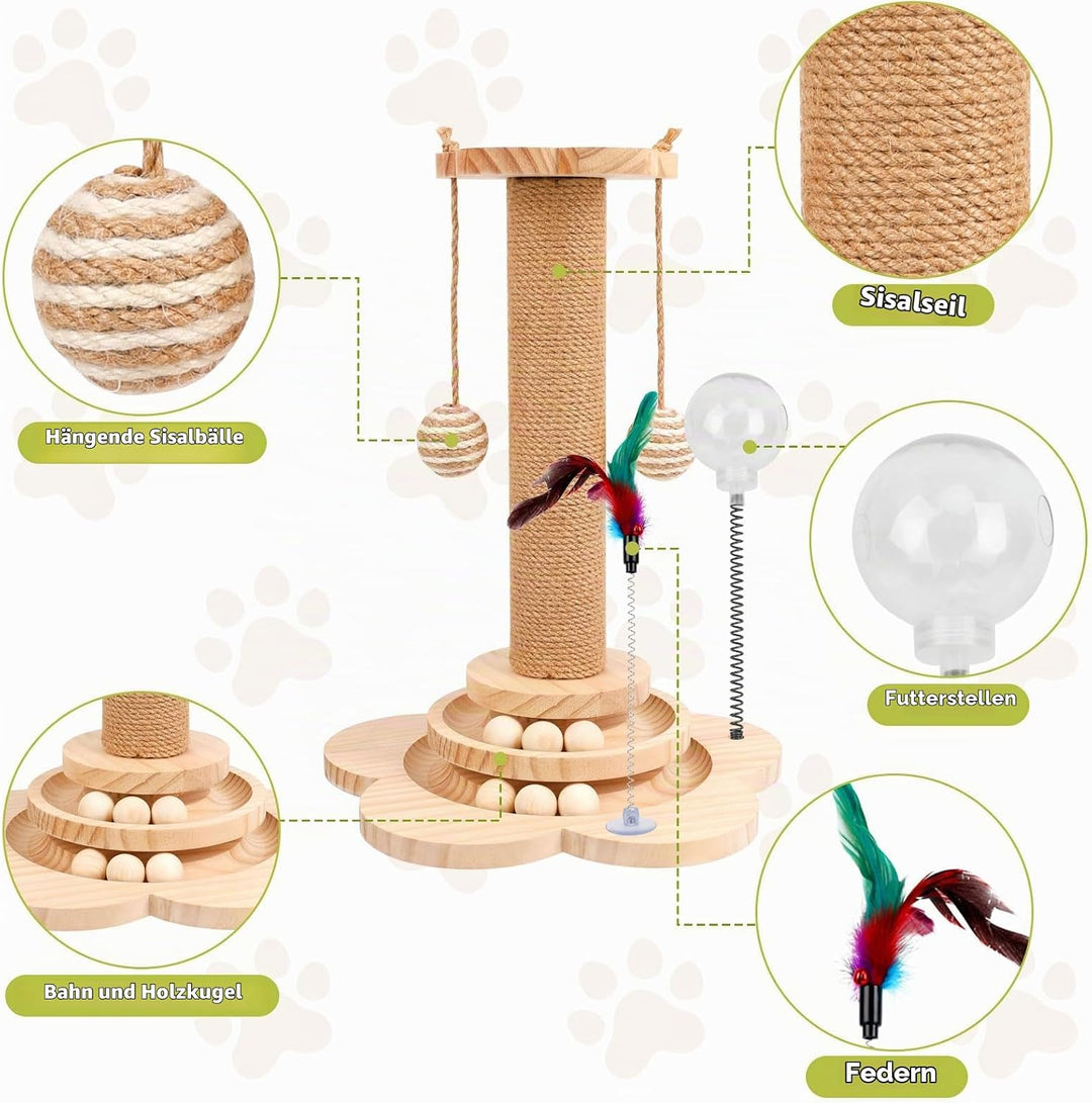 Interaktives Katzenspielzeug aus Holz,2-lagiger Drehteller Interaktives Katzen Spielzeug,3-in-1 Holz