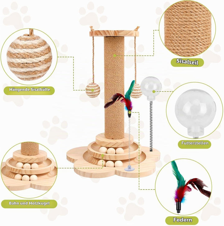 Interaktives Katzenspielzeug aus Holz,2-lagiger Drehteller Interaktives Katzen Spielzeug,3-in-1 Holz