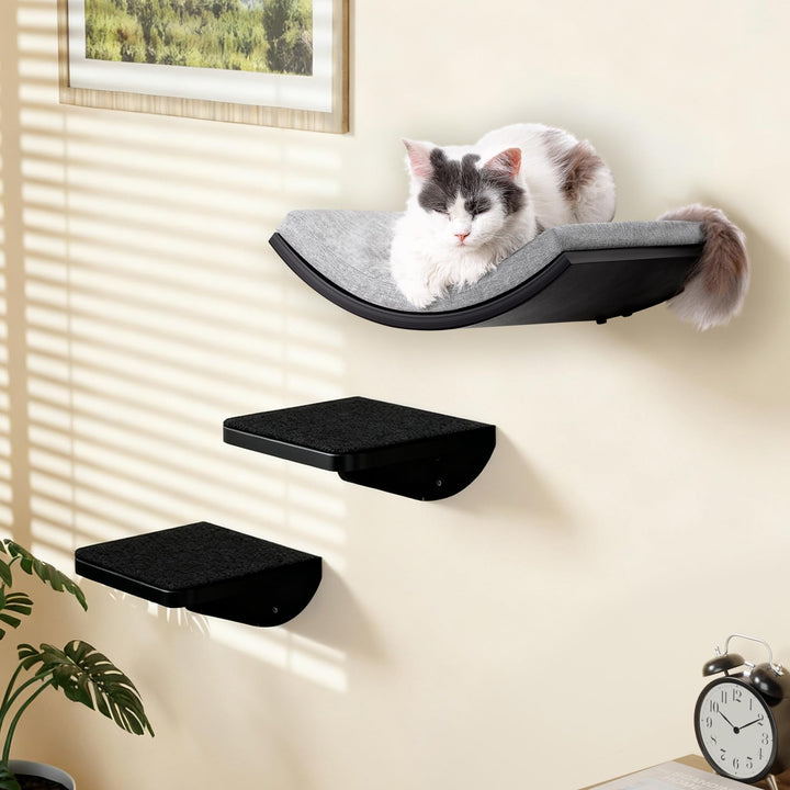Katzentreppe Wand 3er-Set, Katzen Kletterwand mit 2 Kletterstufen & Gebogenen Plattformen, Wandmonti