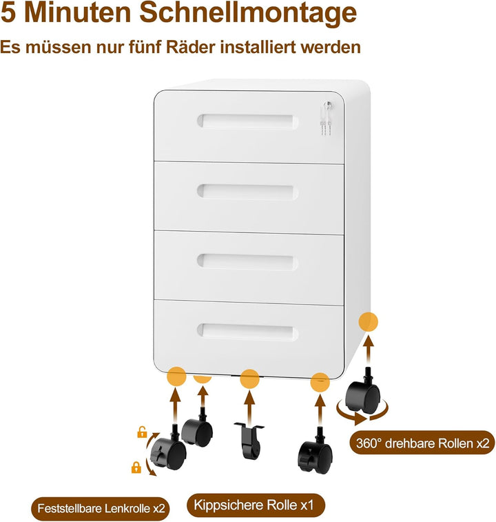 Rollcontainer, Mobiler Aktenschrank mit Schloss, Abgerundeten Ecken, 4 Schlüssel, 4 Schubladen, Büro