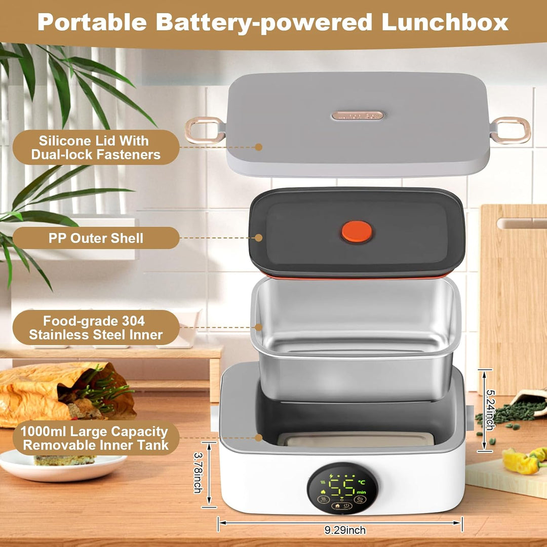 Kabellose Beheizte Lunchbox 1L, 16000mAh Tragbare Elektrische Lunchbox mit Timer und 6 Temperaturstu