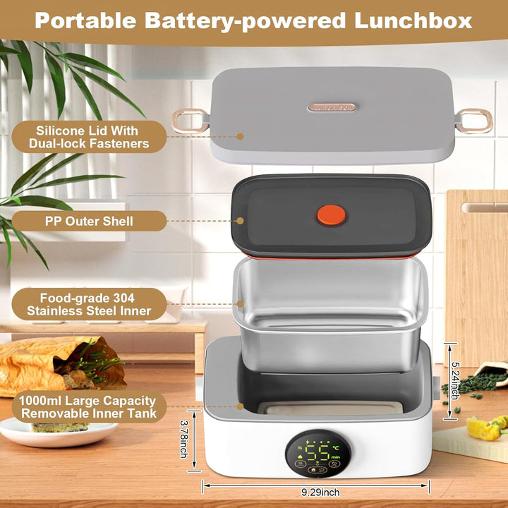 Kabellose Beheizte Lunchbox 1L, 16000mAh Tragbare Elektrische Lunchbox mit Timer und 6 Temperaturstu