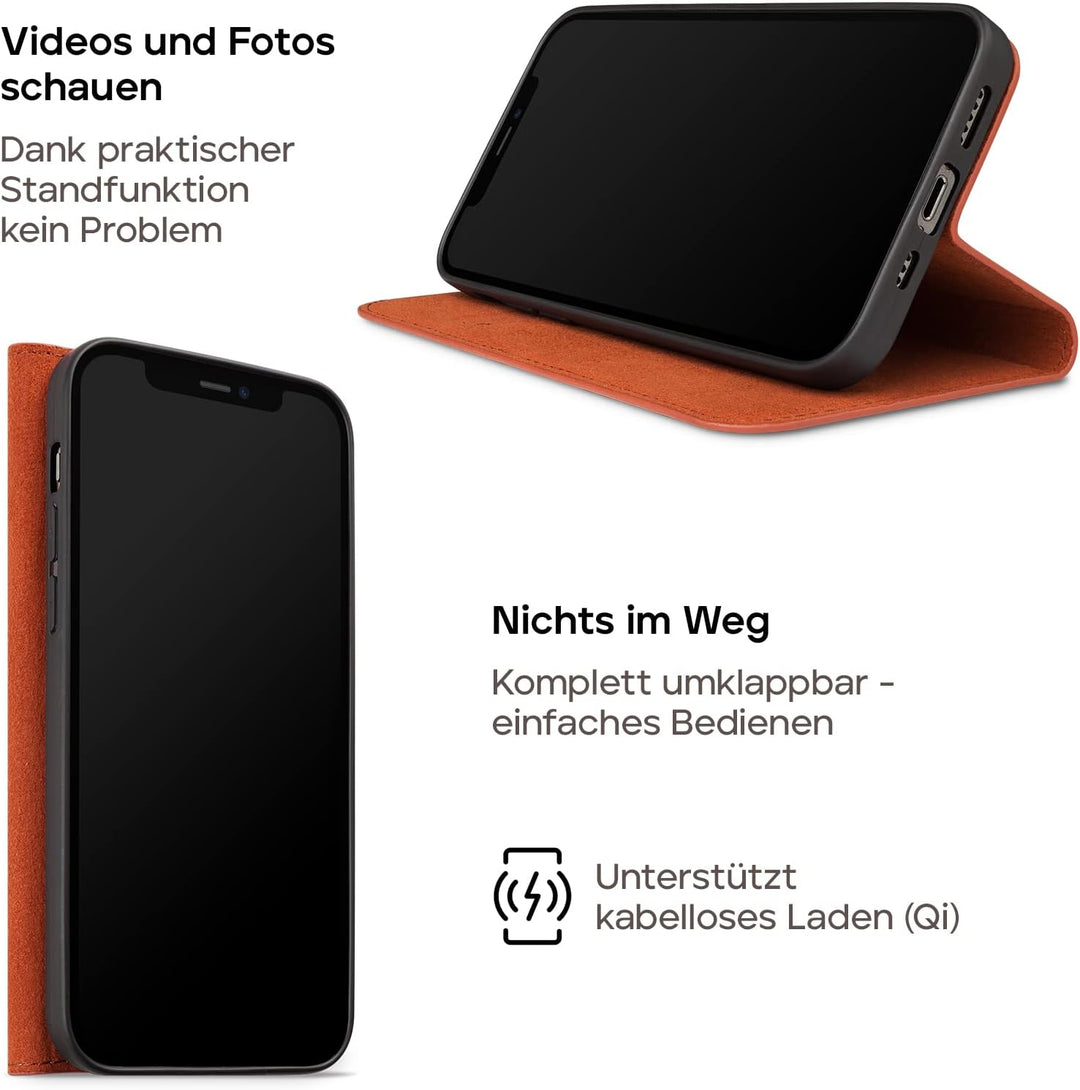WIIUKA Hülle für iPhone 12/12 Pro Lederhülle, Deutsches Premium Leder, mit Kartenfach, extra Dünn, H