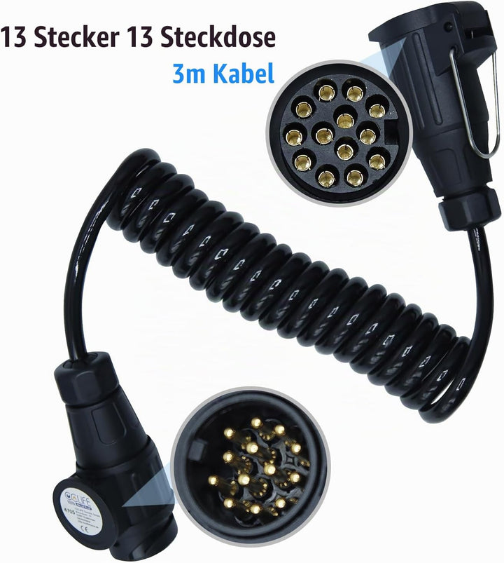 CCLIFE 3.0m 13-polig auf 13 Polig Adapter Stecker Verbindung Verlängerungskabel Spiralkabel Anhänger
