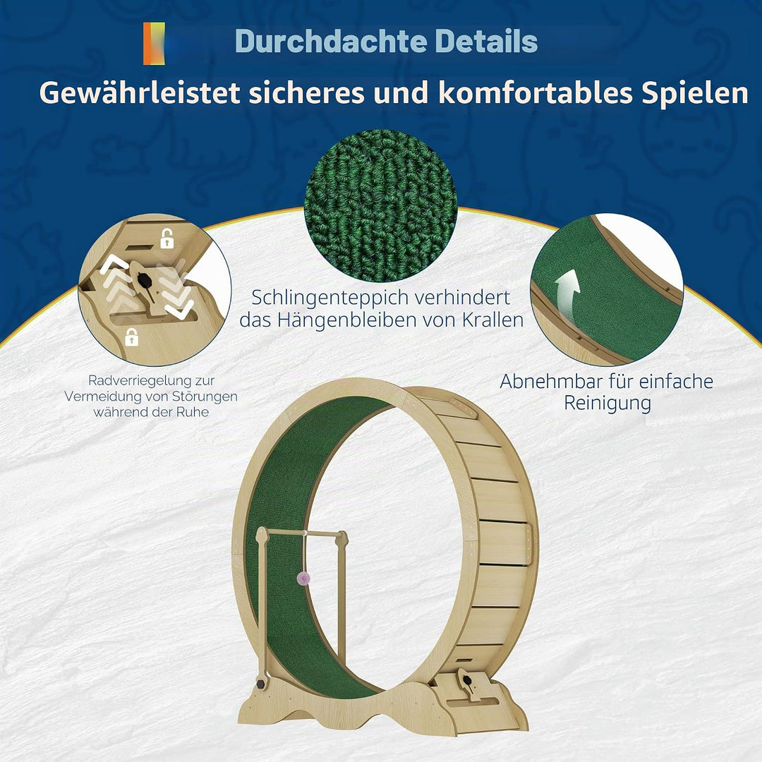 Katzenlaufrad 115cm für Indoor-Katzen - Laufband mit abnehmbarem Teppich, Sicherheitssperre und Spie