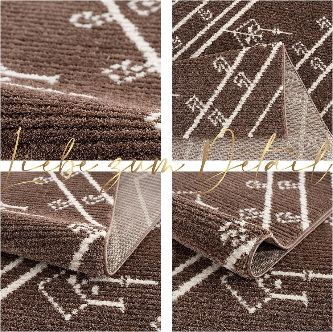 payé Teppich Läufer Ethno Berbermuster - Braun 80x300cm - Hochflor weich Boho Schlafzimmer Flur Deko