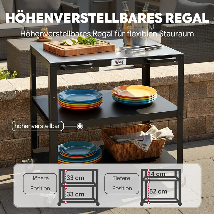 Feasto Grillwagen mit Edelstahl - Arbeitsplatte, 3 Etagen Grilltisch mit höhenverstellbaren Zwischen