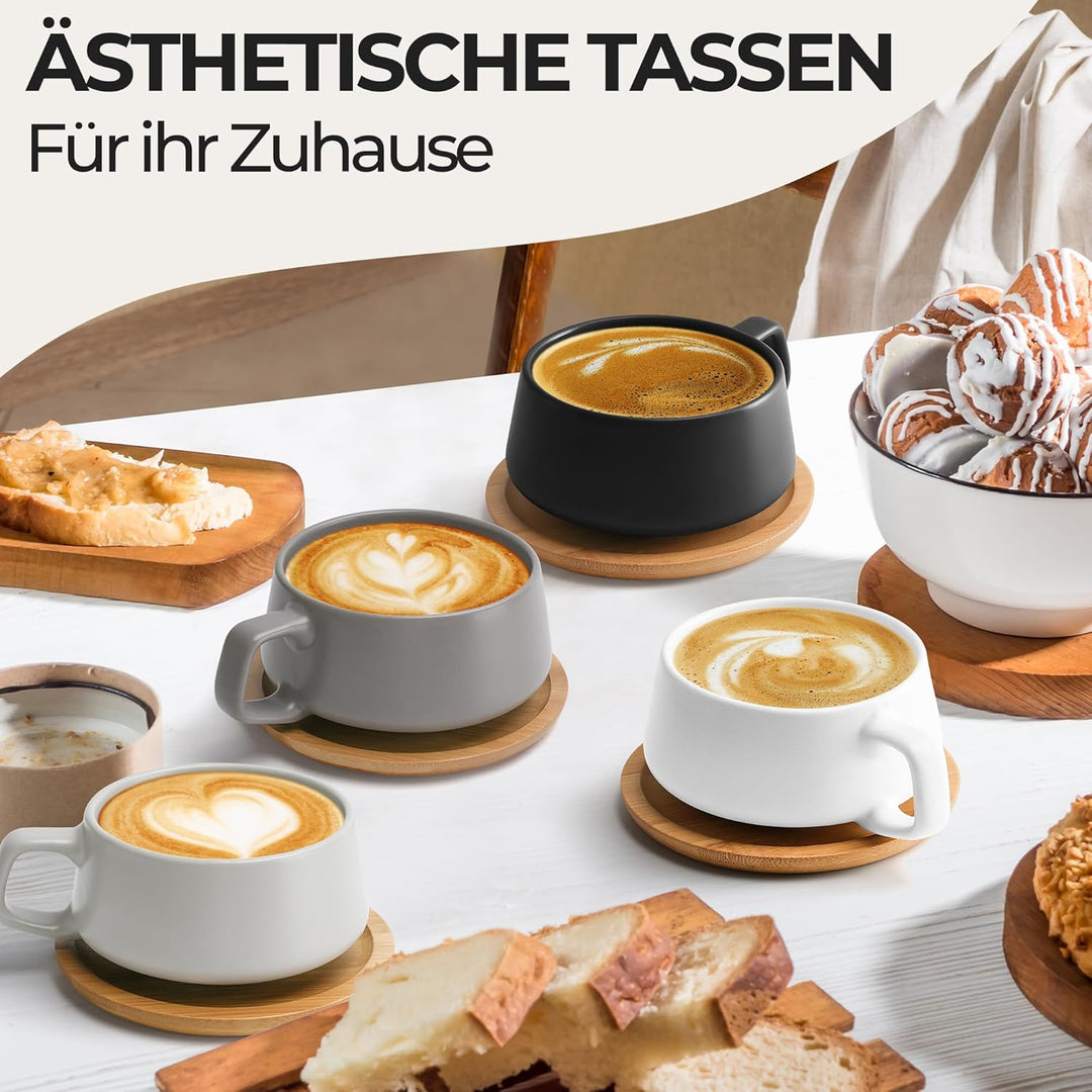 MIAMIO - 4 x 320 ml Kaffeetassen/Cappuccino Tassen mit Unterteller/elegant/modern/Kaffeebecher aus S