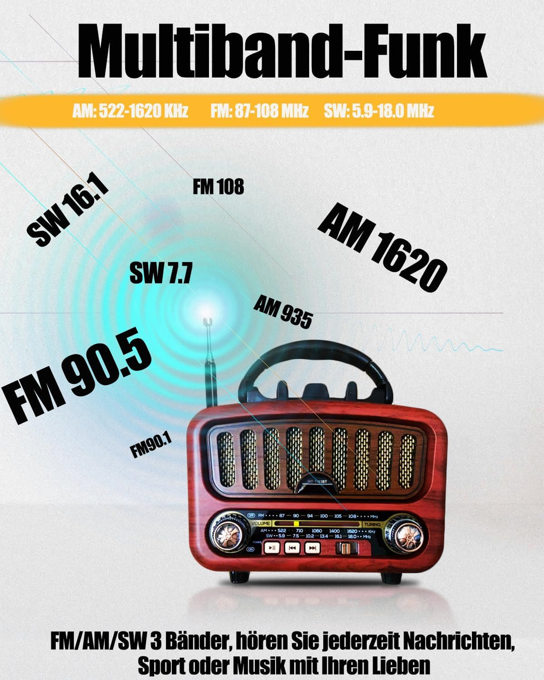 Retro Radio mit Bluetooth, AM/FM/SW Tragbares Radio Klein 5W grosser Lautsprecher und Bluetooth 5.0,