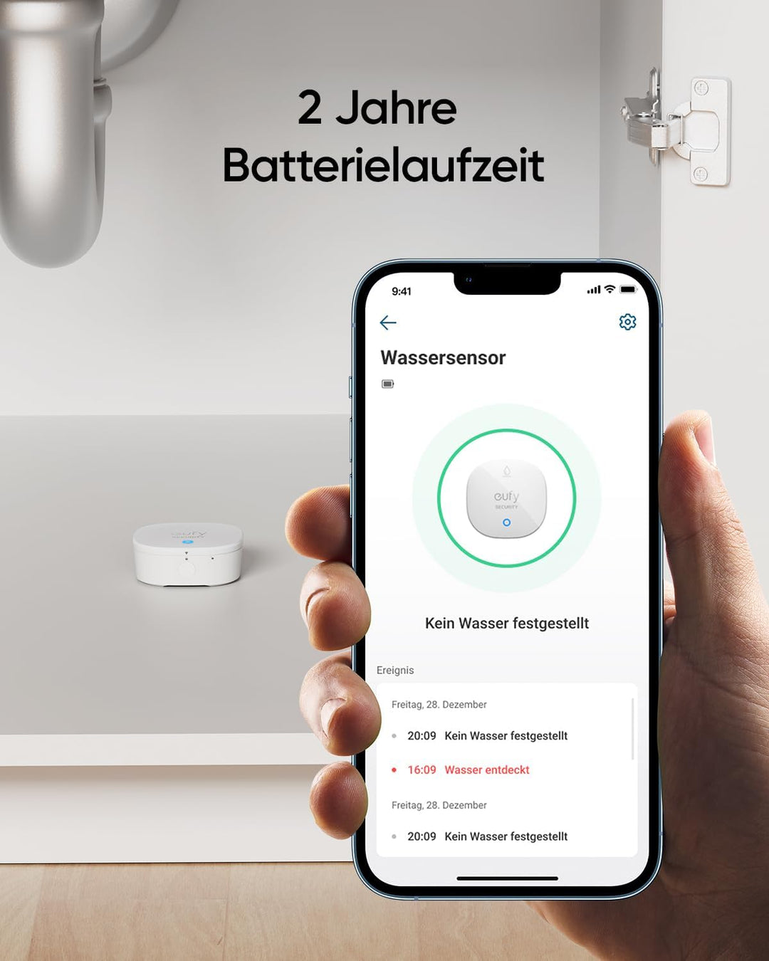 eufy Wasser- &amp; Frostmelder mit Fernalarmierung, IP65, 2 Jahre Batterie, Kompatibel mit HomeBase S380