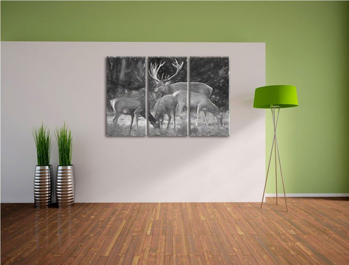 Hirschfamilie auf Waldlichtung NewArt 3-Teiler Leinwandbild 120x80 Bild auf Leinwand, XXL riesige Bi