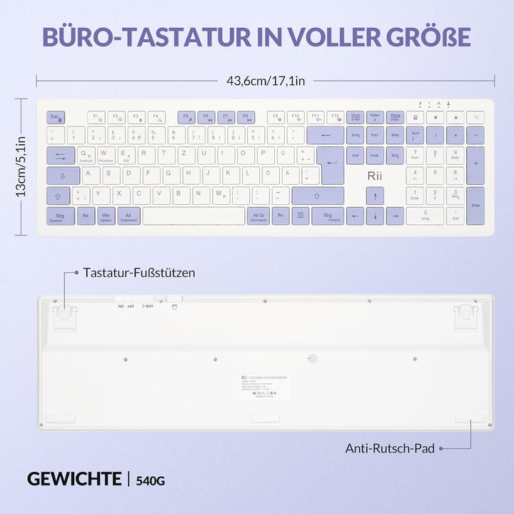 Rii Tastatur Kabellos Büro, Wireless Keyboard Office mit QWERTZ, Kabellose Tastatur Weiss mit 2.4GHz