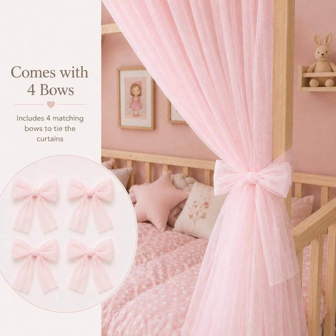 Baby Fancyroom Betthimmel für Hausbett, Bettvorhang aus Tüll, Beige, 2er Set mit Schleifen und Pompo