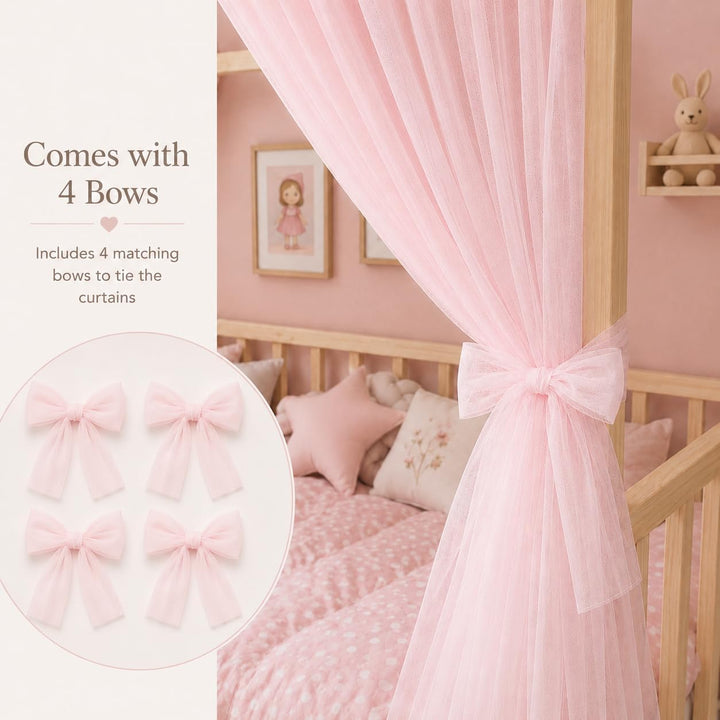 Baby Fancyroom Betthimmel für Hausbett, Bettvorhang aus Tüll, Beige, 2er Set mit Schleifen und Pompo