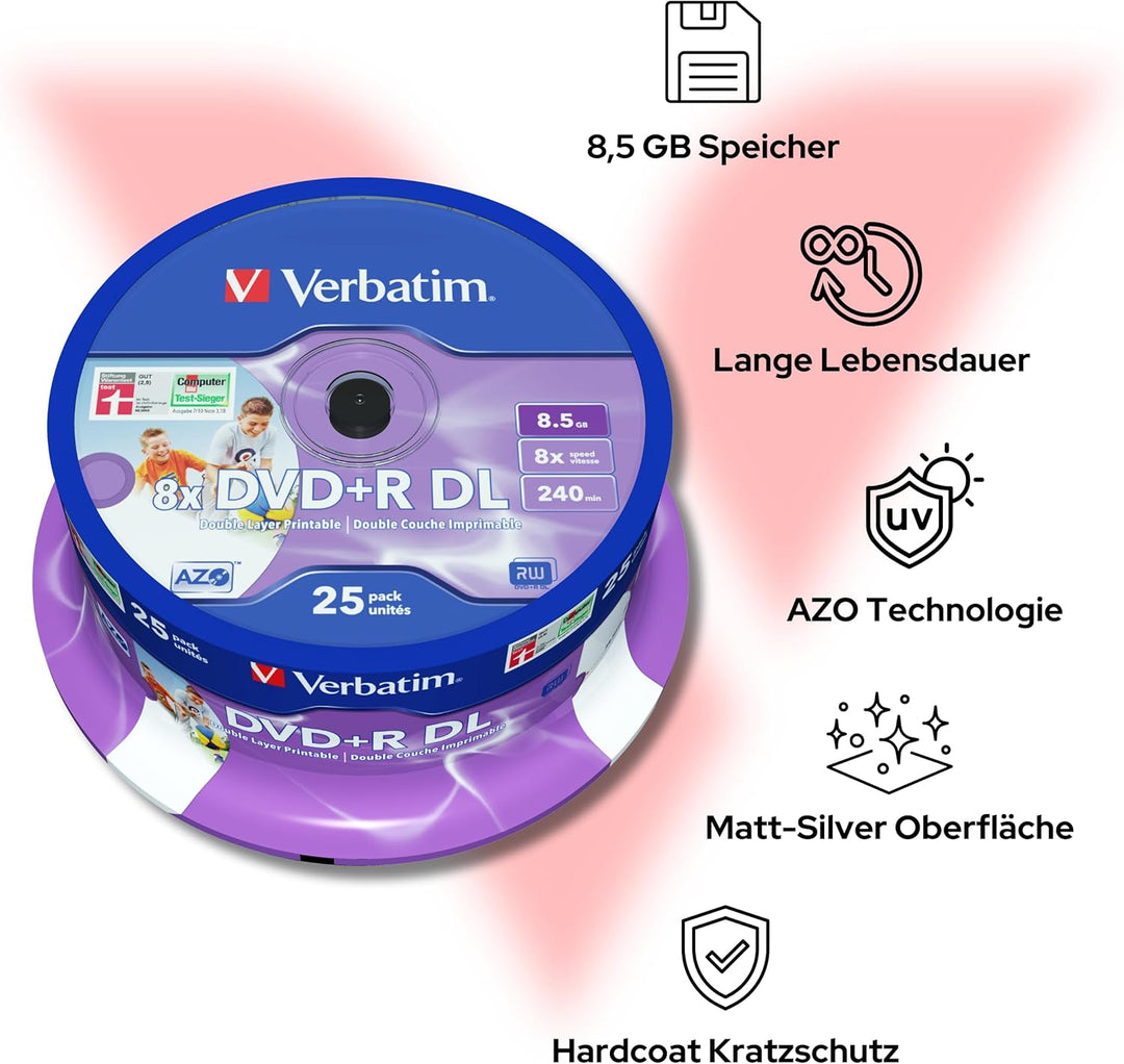 Verbatim DVD+R Double Layer Matt Silver 8.5GB, 25er Pack Spindel, DVD Rohlinge beschreibbar, 8-fache