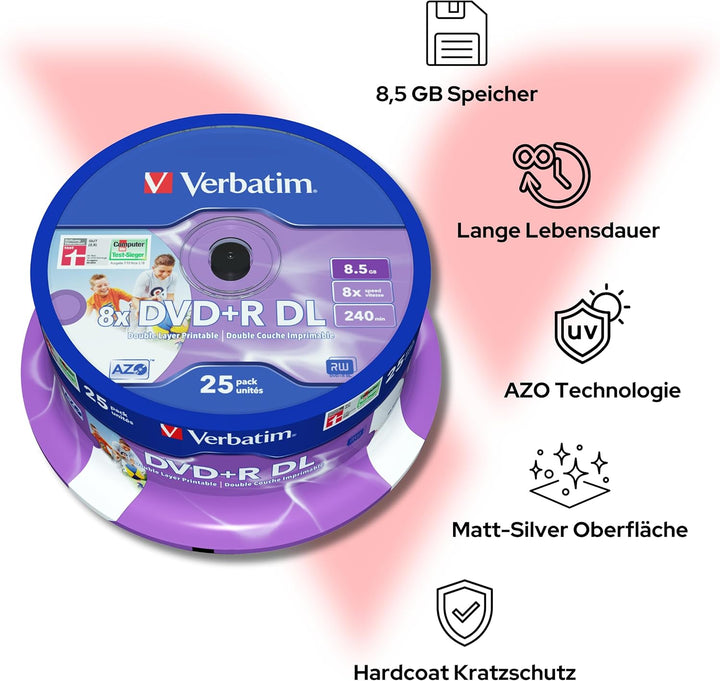 Verbatim DVD+R Double Layer Matt Silver 8.5GB, 25er Pack Spindel, DVD Rohlinge beschreibbar, 8-fache