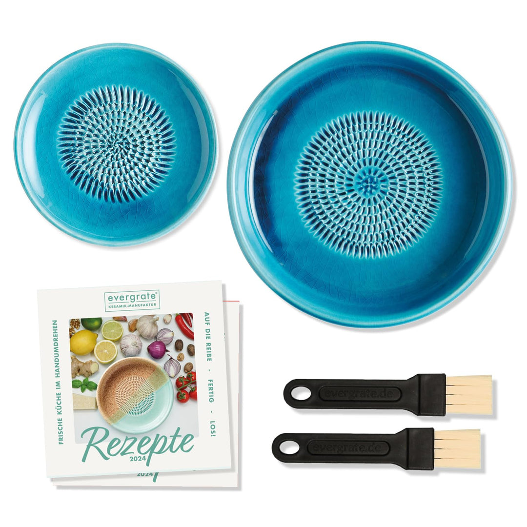 evergrate Geniales Duo: Tellerreibe + Dipschale Motiv Türkis mit 2 Küchenpinsel und 2 Rezepthefte, T