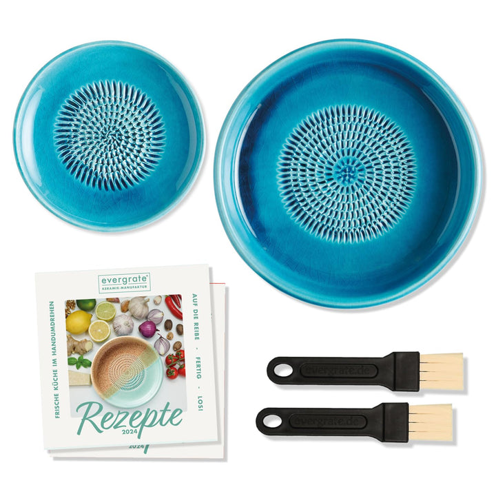 evergrate Geniales Duo: Tellerreibe + Dipschale Motiv Türkis mit 2 Küchenpinsel und 2 Rezepthefte, T