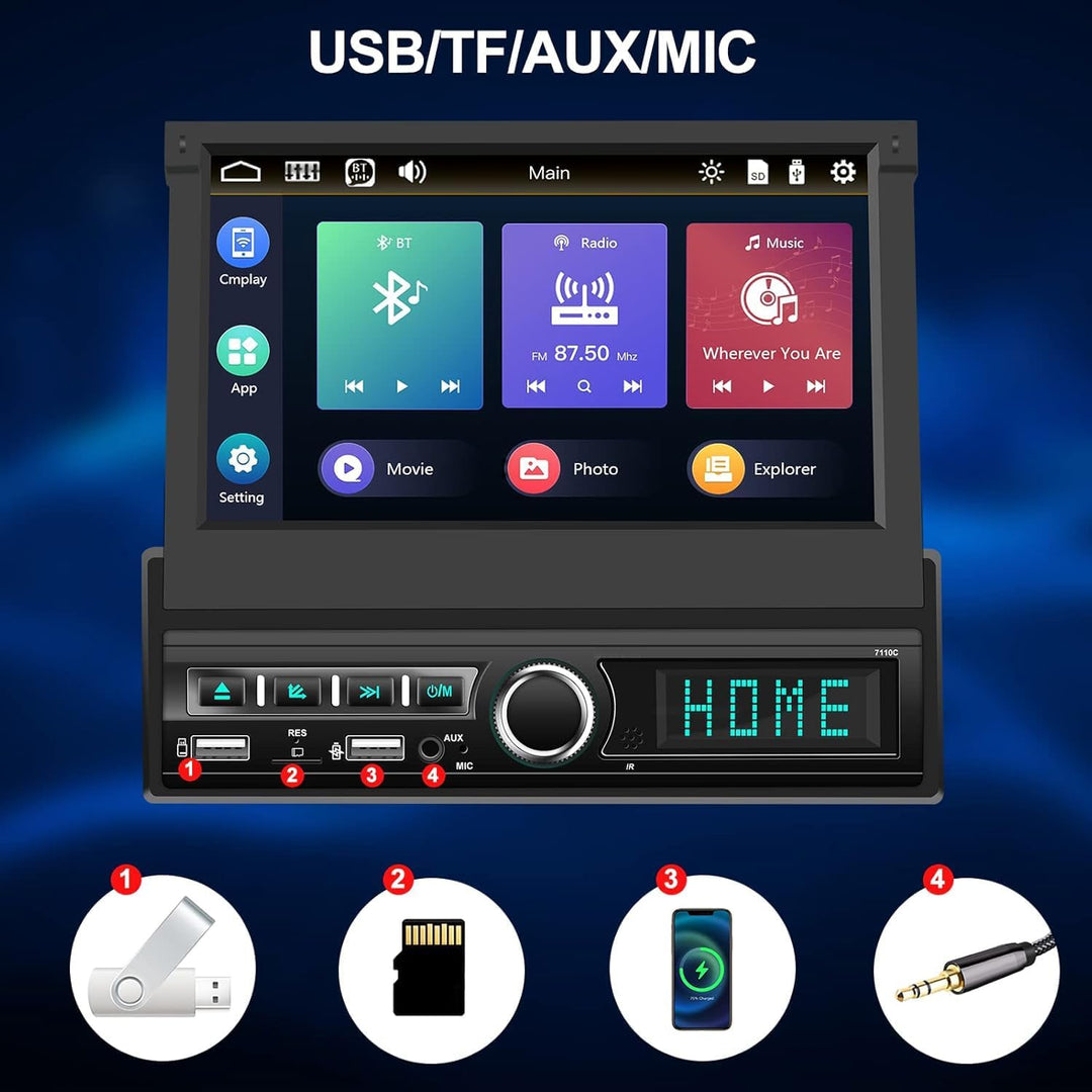 CAMECHO 1 Din Carplay/Android Auto/Mirror Link Autoradio mit 7 Zoll Automatisch Ausfahrbares Touchsc