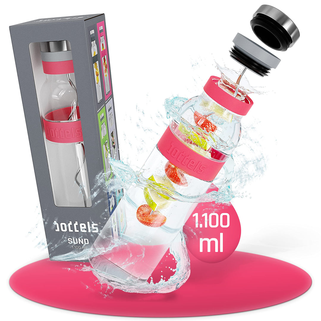 boddels Glaskaraffe mit Deckel und Sieb 1.100ml, Rutschfester Griff, Glaskaraffe mit Fruchteinsatz,