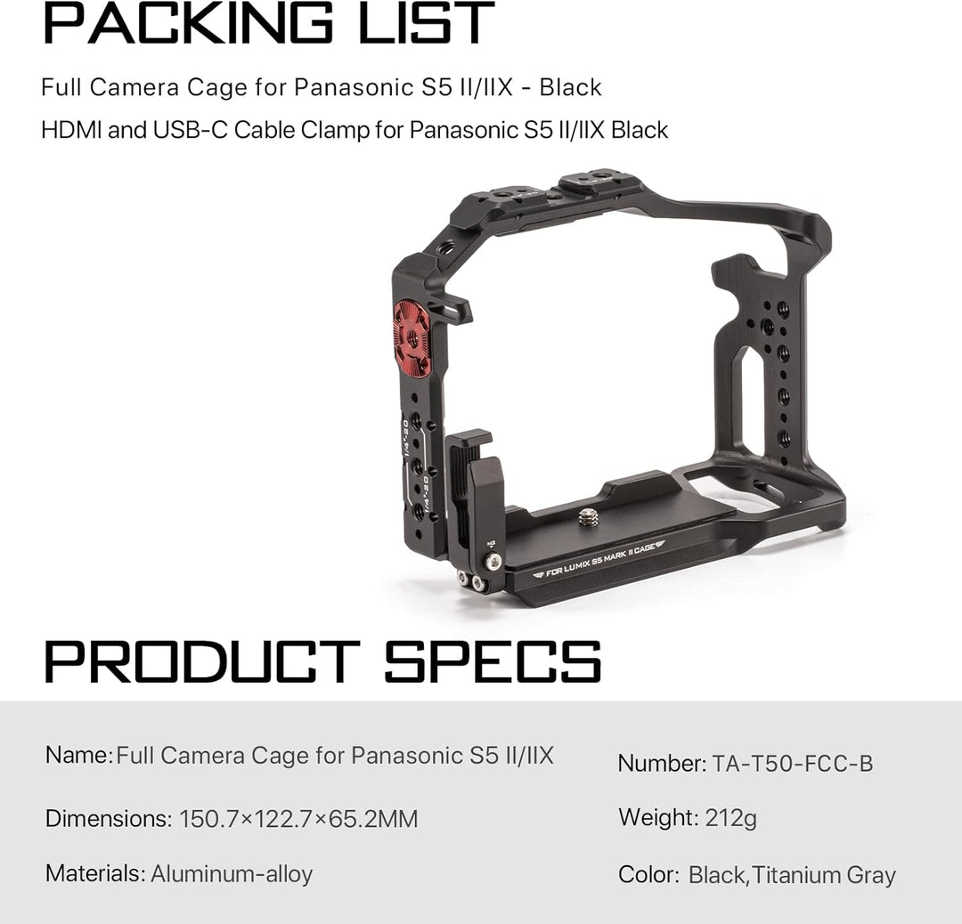 Tilta Full Camera Cage Kompatibel mit Lumix S5 II/S5 IIX/G9 II mit HDMI USB-C Kabelklemme - Schwarz