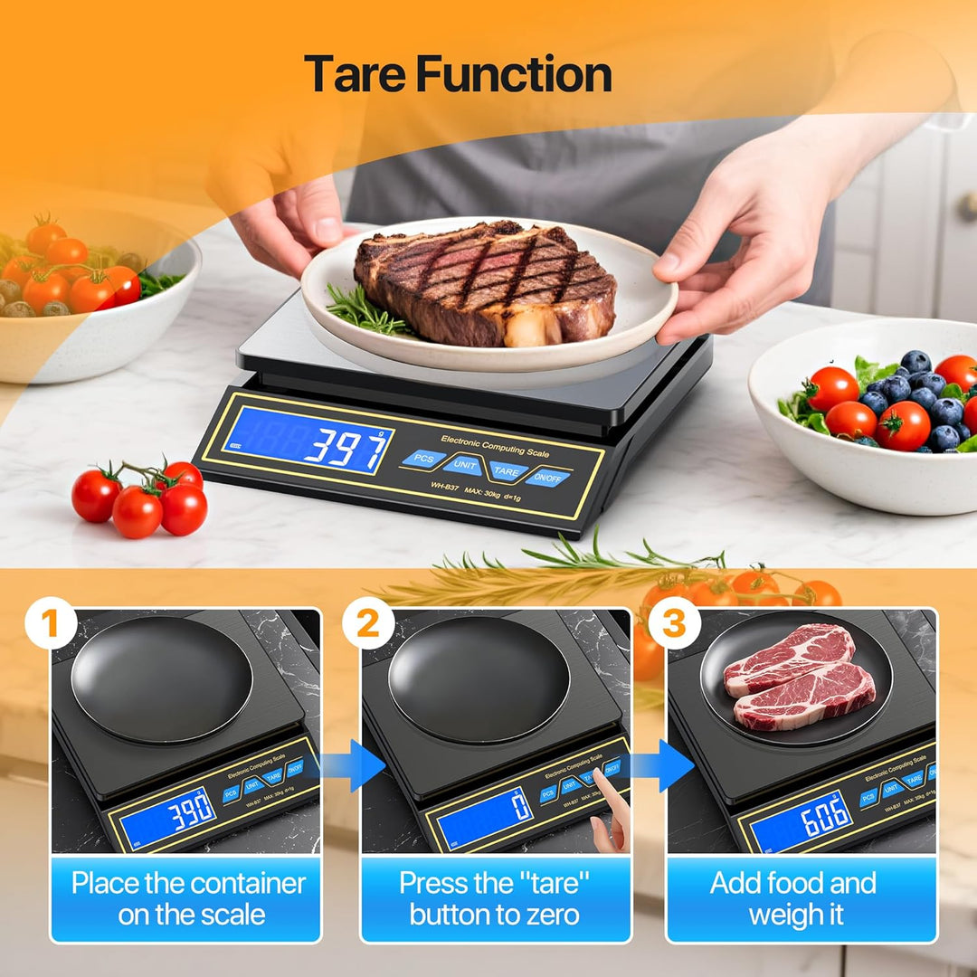 Küchenwaage 30kg,Edelstahl Digitalwaage Paketwaage Feinwaage 1g zum Gastronomie Messen von Fleisch W
