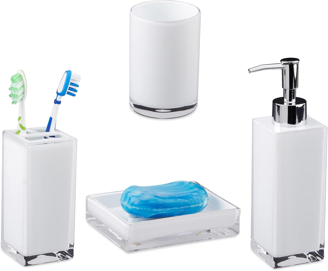 Relaxdays Badaccessoires Set 4-teilig, modern, Zahnputzbecher, Zahnbürstenhalter, Seifenspender, Sei