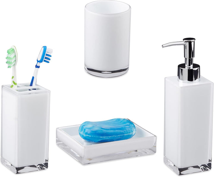 Relaxdays Badaccessoires Set 4-teilig, modern, Zahnputzbecher, Zahnbürstenhalter, Seifenspender, Sei