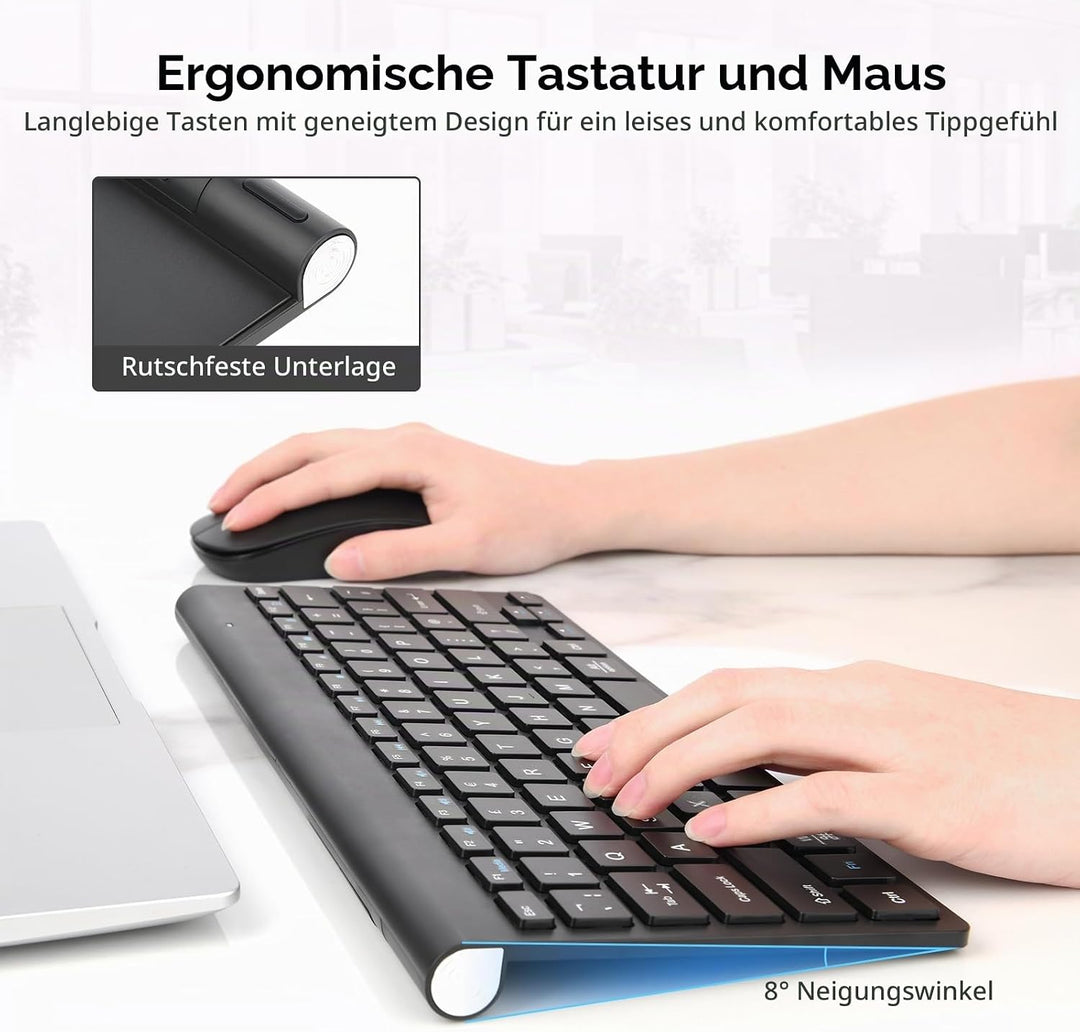 Rii Mini Tastatur Maus Set Kabellos, QWERTZ Deutsches Layout, 2,4GHz Empfänger, Superflaches Design