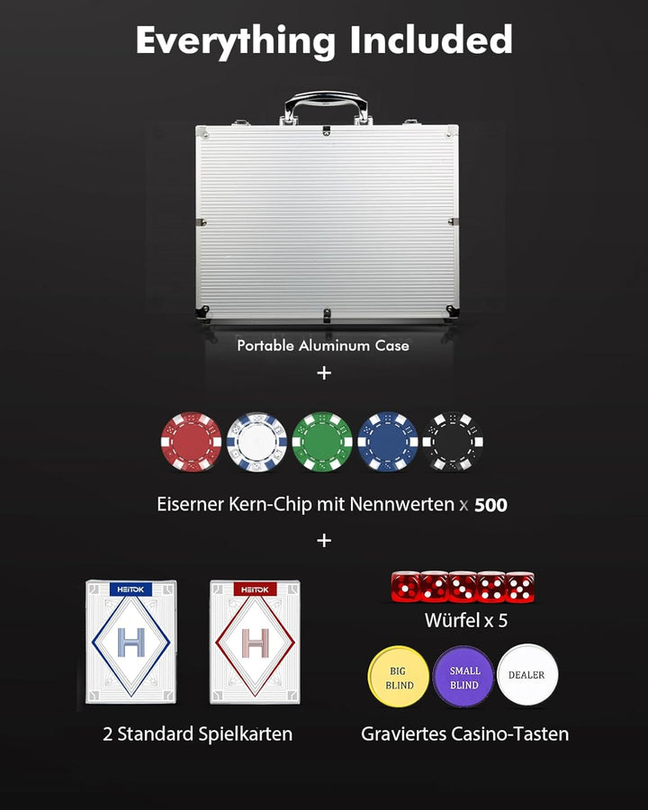 Pokerchips-Set mit Wertangaben, 500 Stück, 11,5 Gramm, nummerierte Chips mit Aluminiumkoffer, von $1