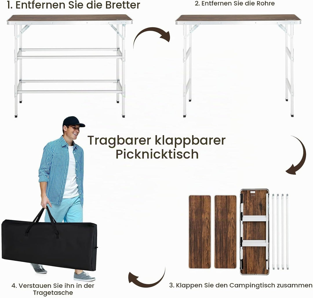KOMFOTTEU Campingküche mit 3 Ebenen Stauraum, Campingschrank Klappbar mit Tragetasche, Picknicktisch