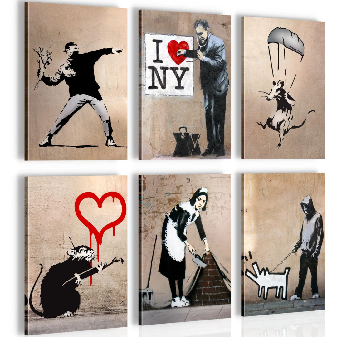 Novart Wandbilder Set Banksy Collage - KOMPLETT AUFHÄNGFERTIG - Made in Germany - Moderne Bilder Woh