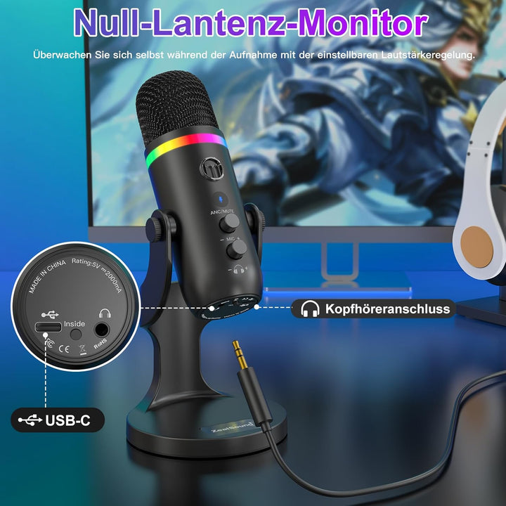 zealsound USB Mikrofon für PC iPhone, Plug & Play RGB Podcast Mikrofon mit Rauschunterdrückung & Stu