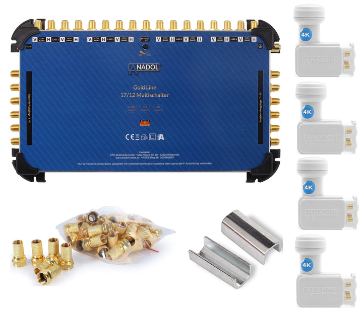 4X Anadol Quattro LNB + Anadol Gold Line 17/12 Multischalter im Set - für 4 Satelliten & 12 Teilnehm