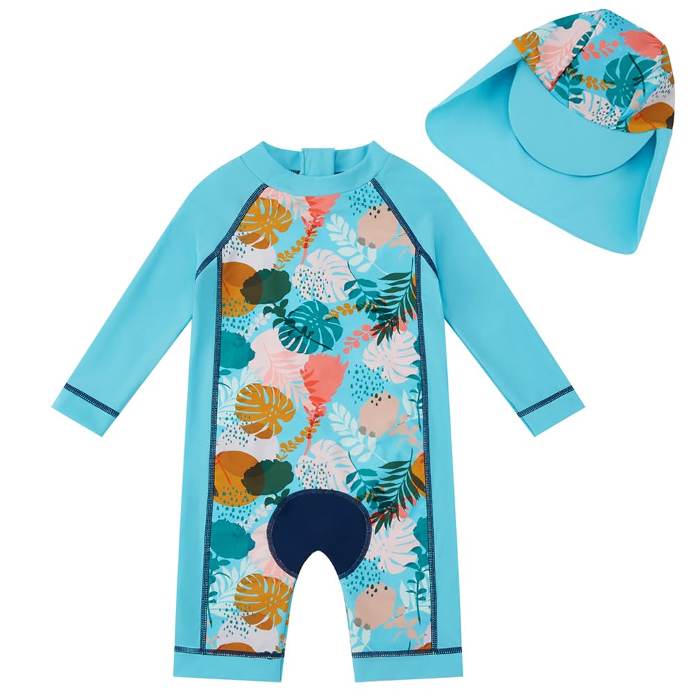 upandfast Baby Badeanzug mit Sonnenhut UPF 50+ Badebekleidung für Baby 6-9 Monate Blau Blätte, 6-9 M
