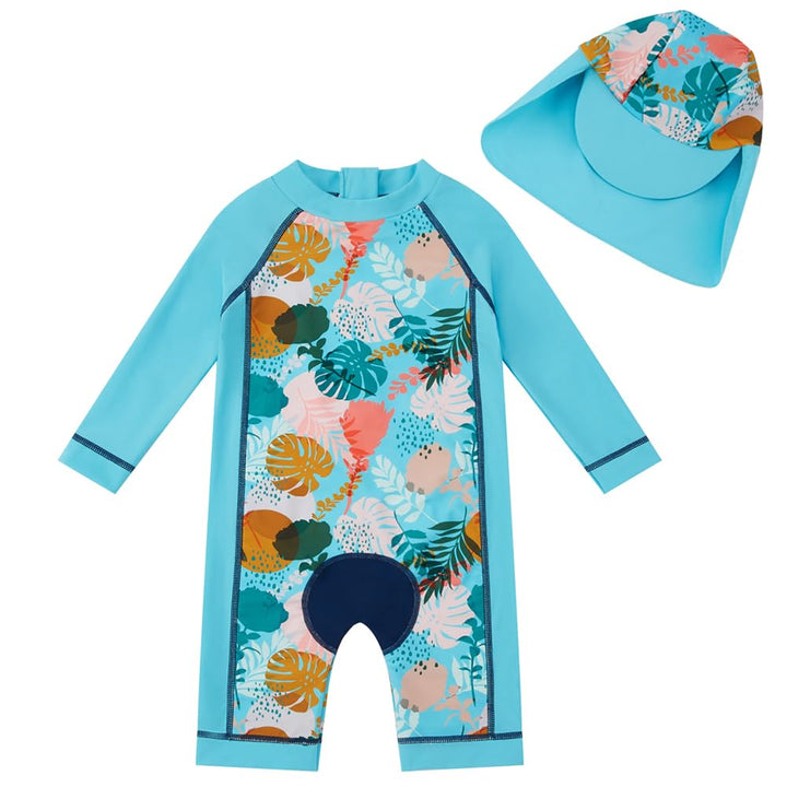 upandfast Baby Badeanzug mit Sonnenhut UPF 50+ Badebekleidung für Baby 6-9 Monate Blau Blätte, 6-9 M
